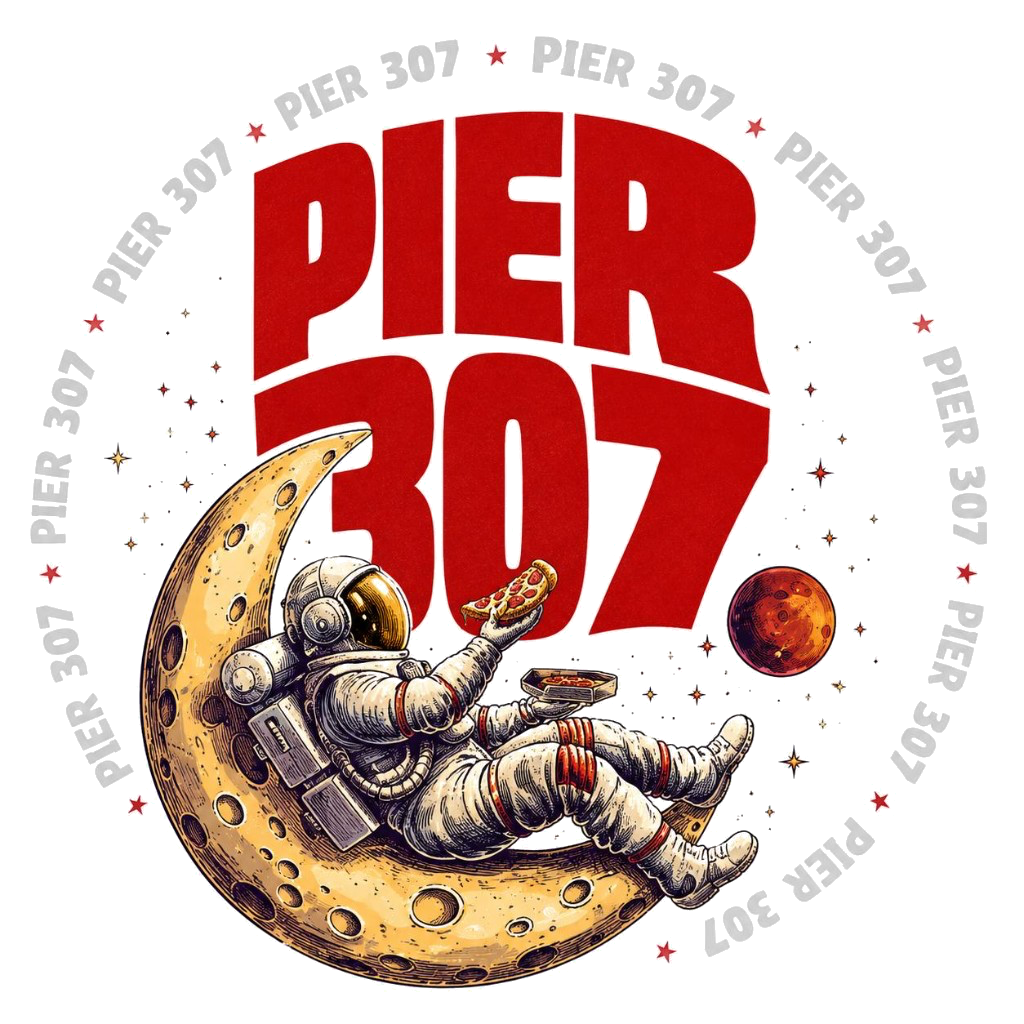 Ilustração Pier 307 — astronauta com pizza na lua